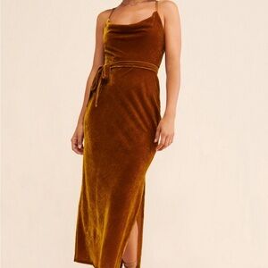 Adelyn Rae Velvet Cowl Maxi Dress in Amber Brown